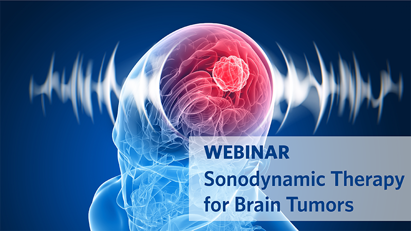Text "Webinar: Sonodynamic Therapy for Brain Tumors" with a medical illustration of a brain in the background